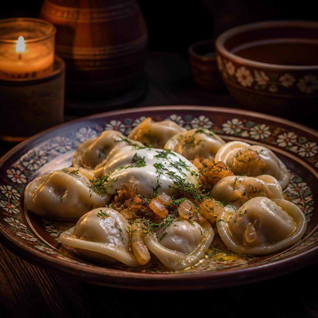 Pelmeni met zure room en boter